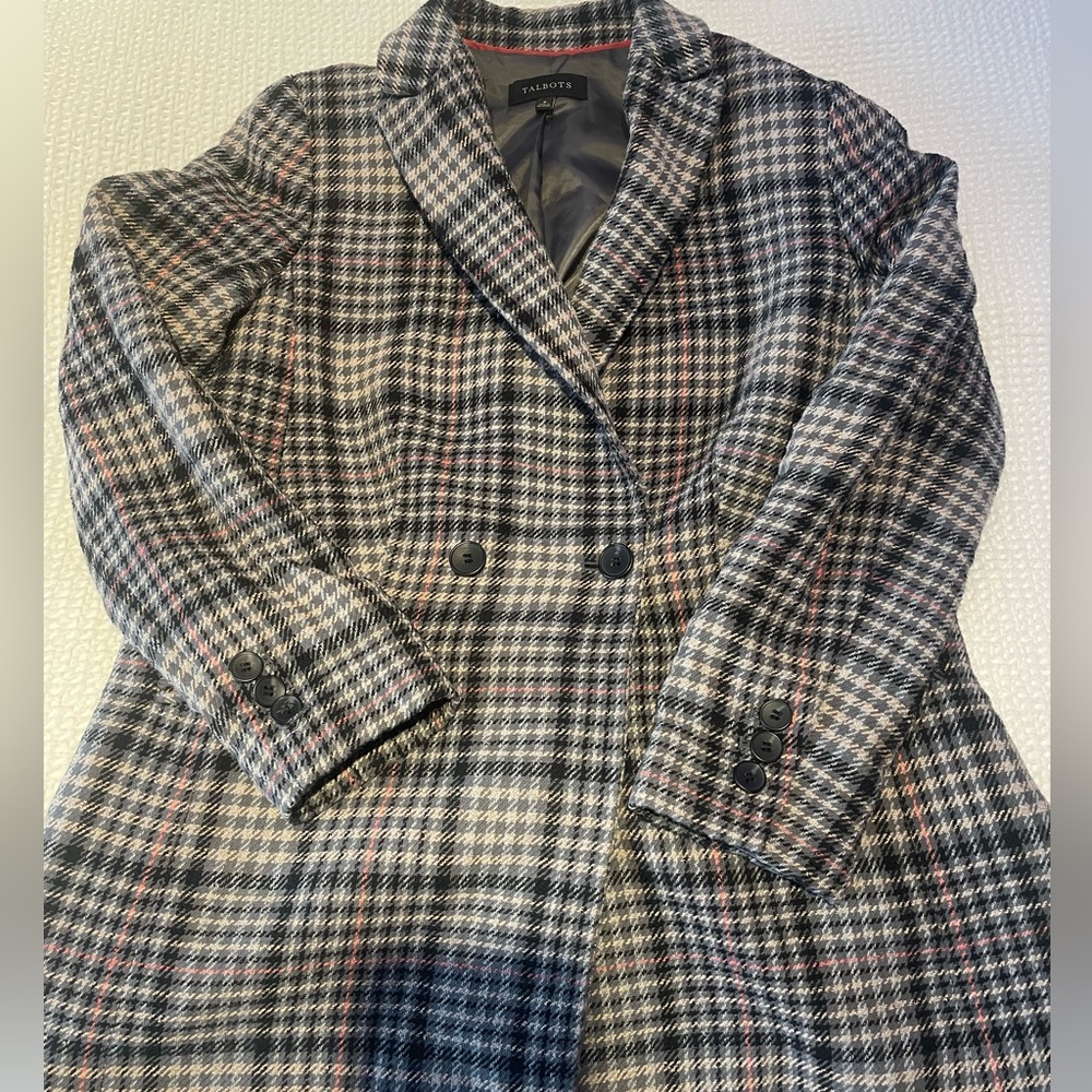Talbots Black, Gray & Pink Plaid Double-Breasted Blazer